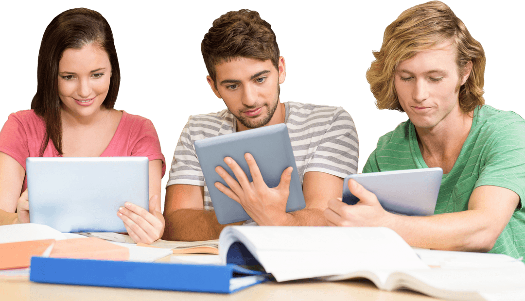 College Students Using Tablets for Studying in Transparent Library