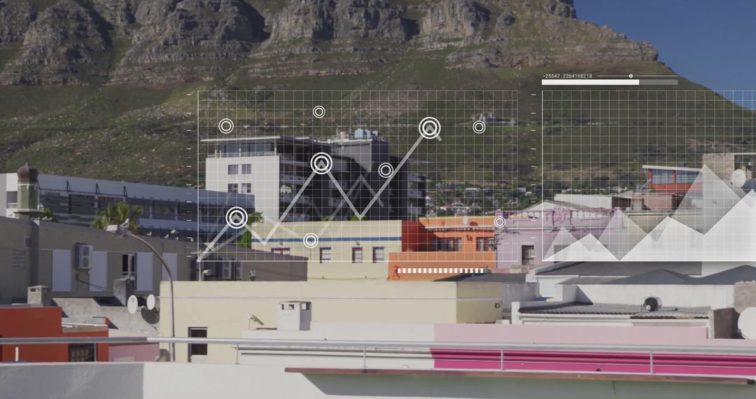 Pastel Rooftops with Digital Data Overlay Against Mountain Backdrop