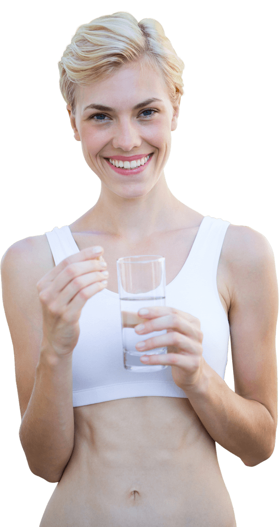 Smiling Woman Holding Pill and Transparent Glass of Water