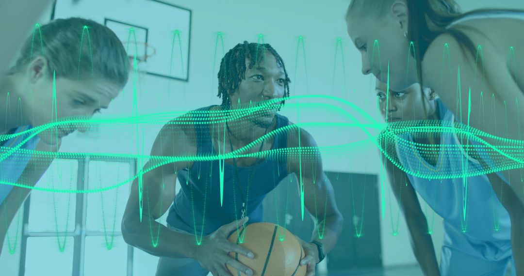 Basketball captain leading team huddle on court with neon waveform overlay for training