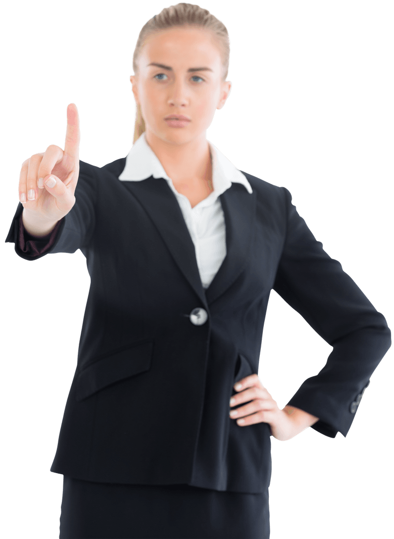 Businesswoman Pointing at Transparent Virtual Touchscreen