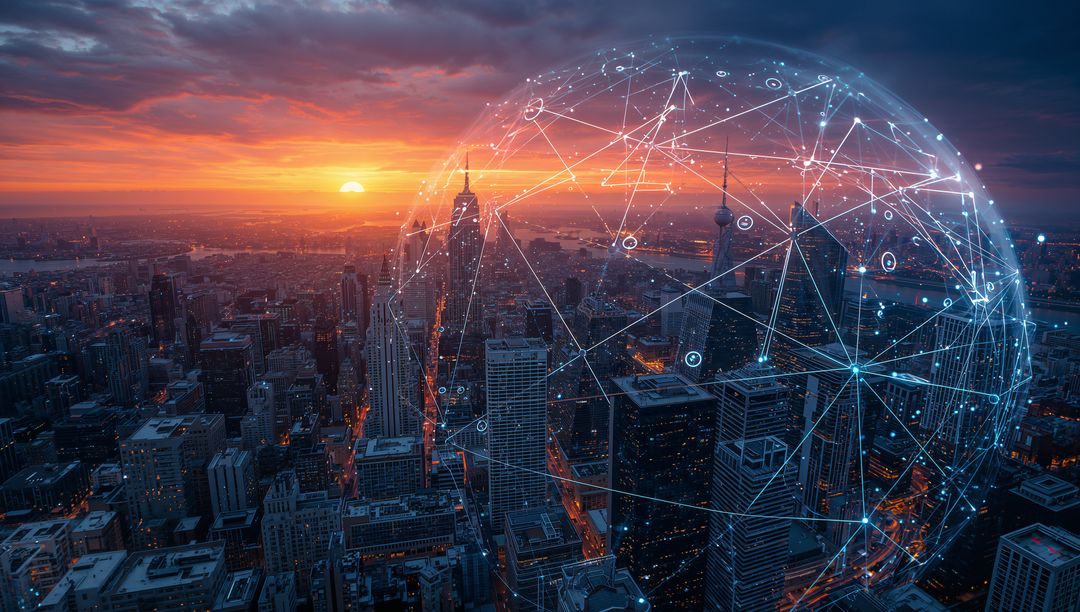 Futuristic Digital Network Over Cityscape at Sunset