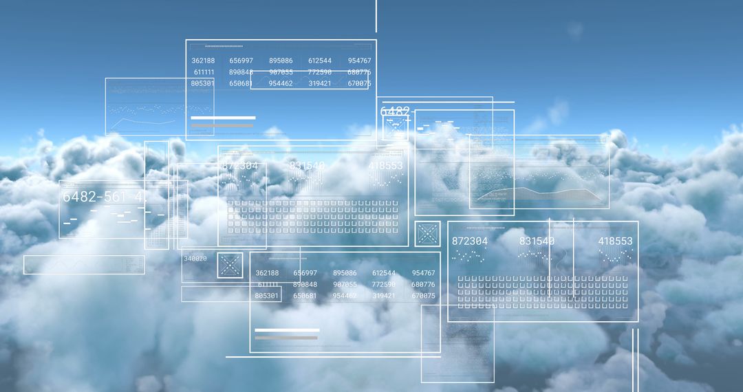 Digital Data Interfaces Overlaying Cloudy Sky Backdrop