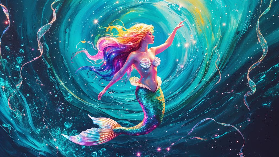 Mystical Mermaid in Underwater Vortex with Shimmering Colors