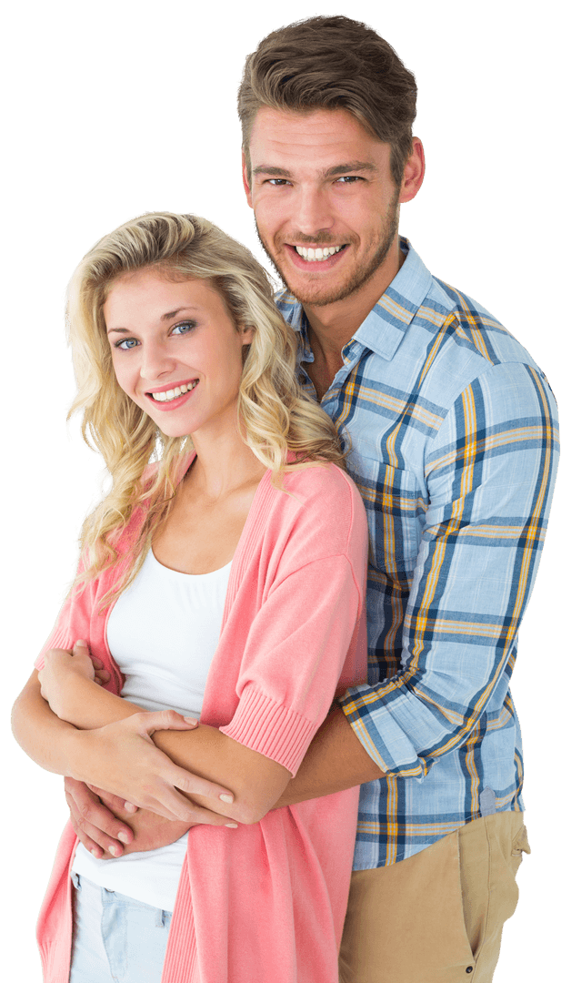 Transparent Smiling Attractive Young Couple Embracing and Happy