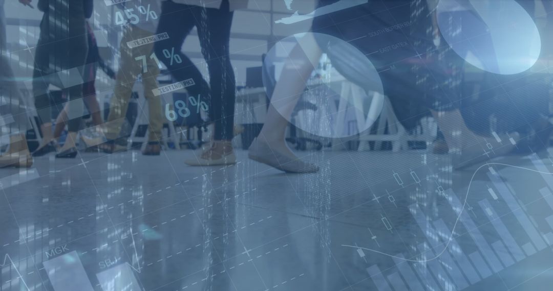 Financial Data Overlay on Diverse Business Team Walking