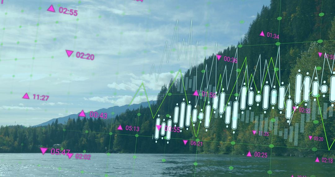 Digital Data Overlays Blend with Serene Mountain Lake Landscape