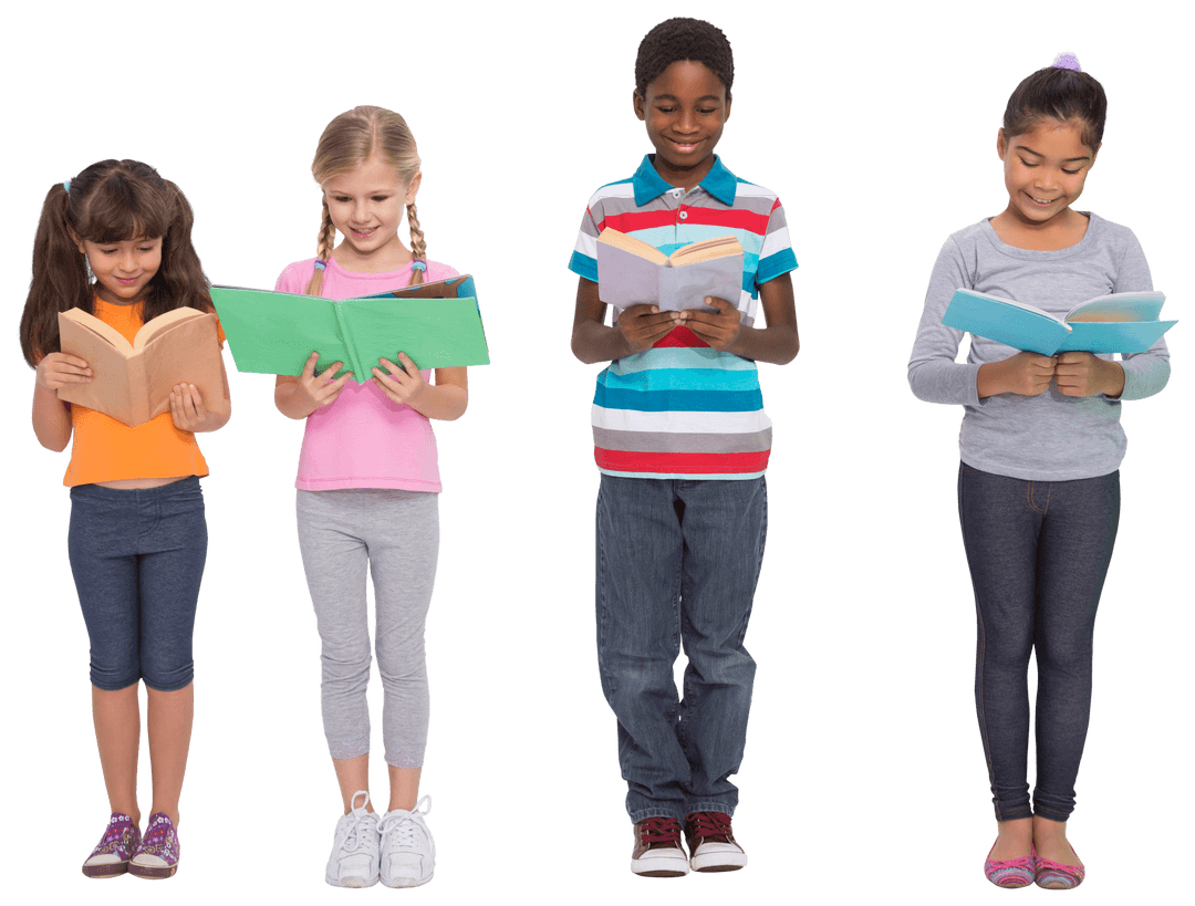 Multiethnic Children Reading Books on Transparent Background