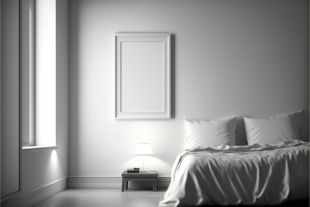 Minimalist Bedroom with White Decor and Framed Blank Canvas - Free Images, Stock Photos and Pictures on Pikwizard.com