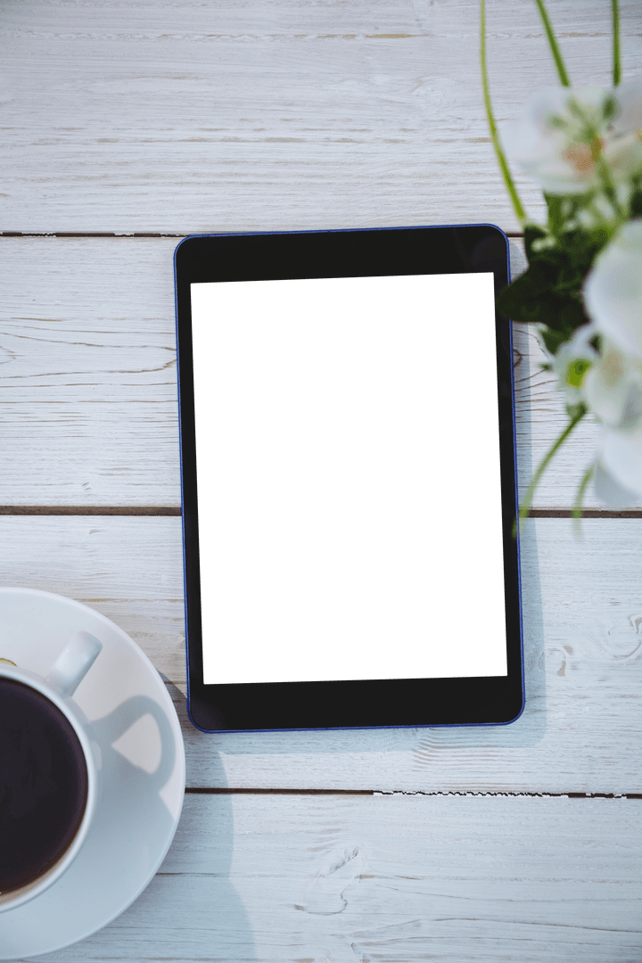 Tablet and Coffee on Light Wooden Table with Transparent Background