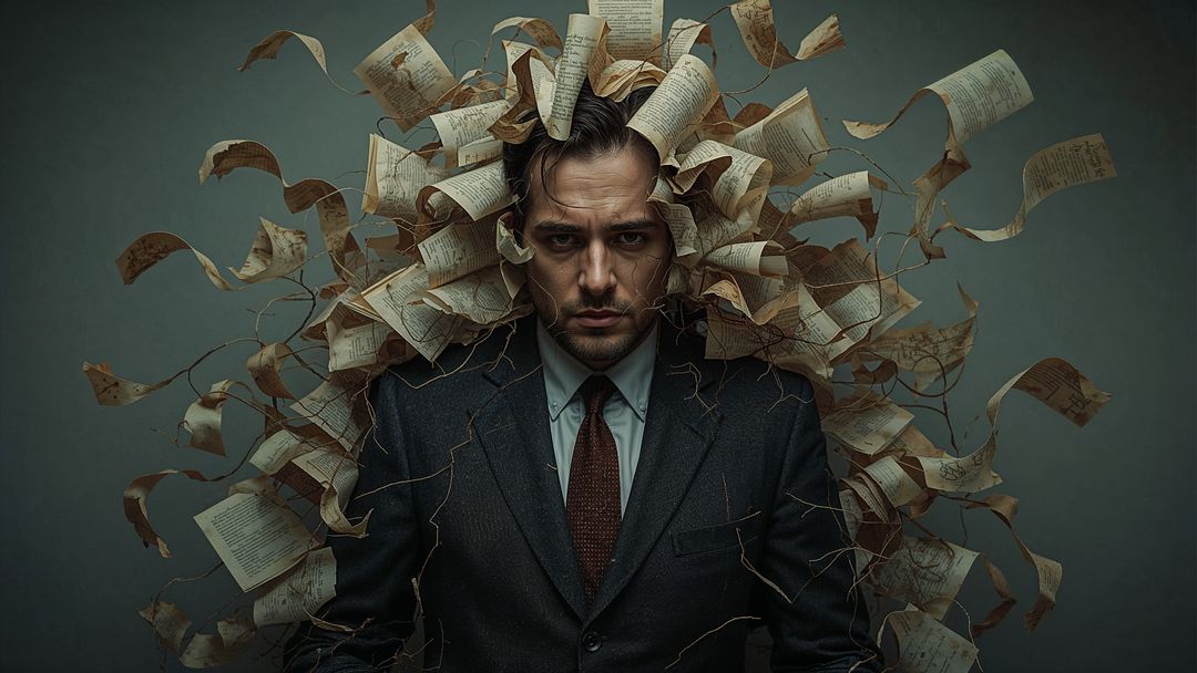 Prosecutor businessman with surreal pages and vines portrait