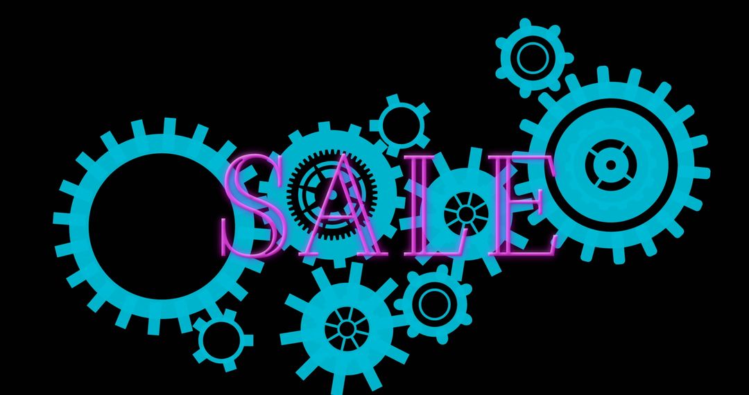 Neon Sale Text Overlapping With Abstract Blue Gears on Dark Background