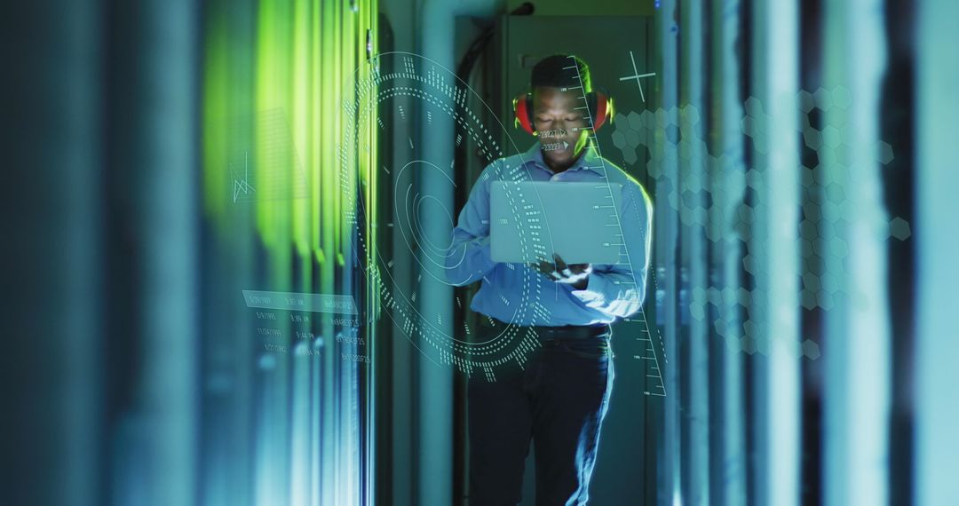 Technician Working with Futuristic Display in Data Center