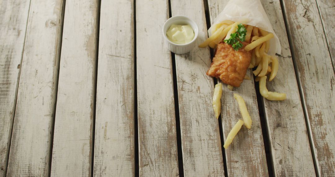 Tasty Fish and Chips with Creamy Dipping Sauce on Rustic Wooden Table - Free Images, Stock Photos and Pictures on Pikwizard.com