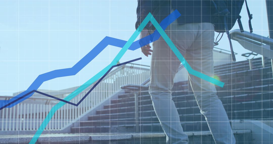 Dynamic Graphs Superimposed on Businessperson Climbing Stairs
