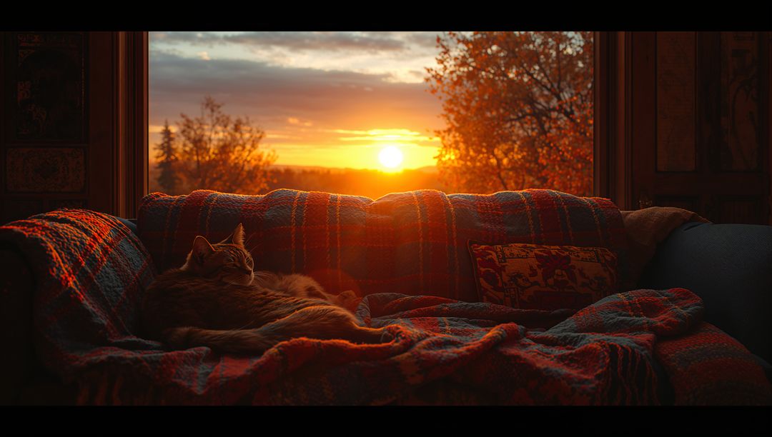 Cozy Cat Lounging on Sofa with Autumn Sunset View