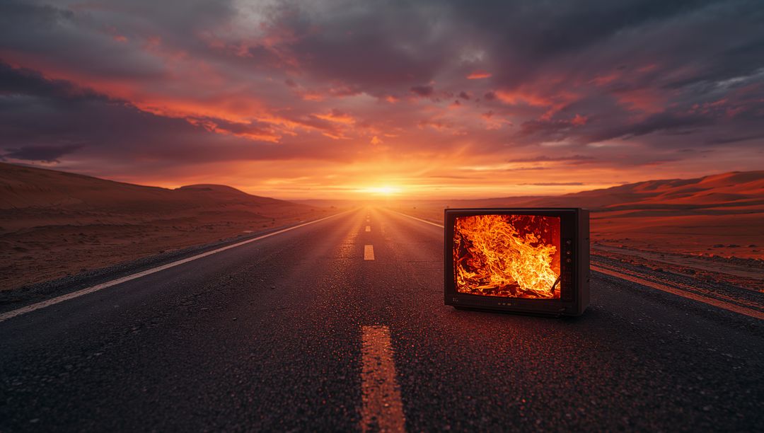 Burning TV on Desert Road at Sunset Creating Dystopian Scene