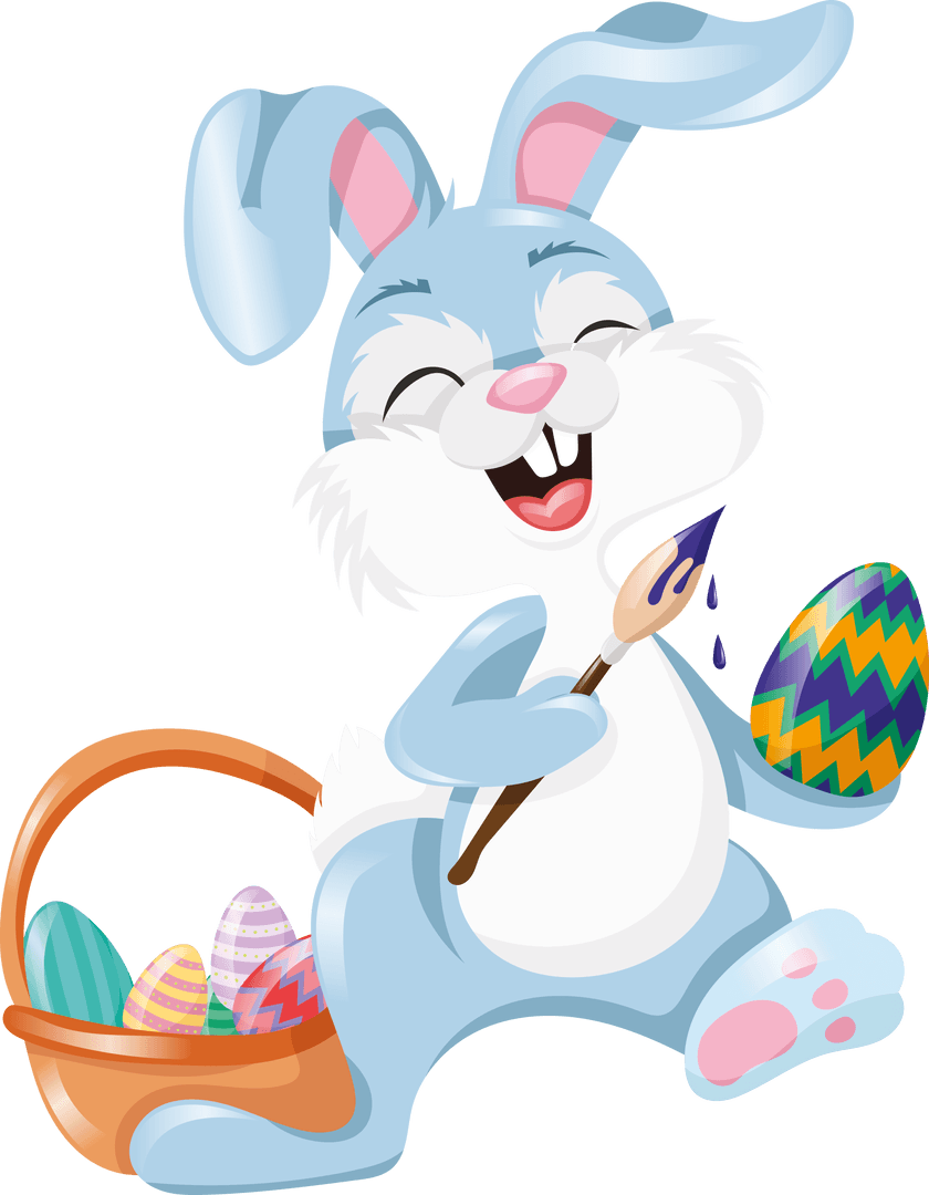 Happy Easter Bunny Painting Colorful Eggs on Transparent Background