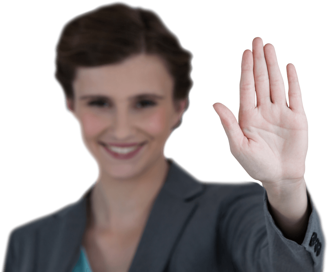 Smiling Businesswoman with Open Palm on Transparent Background