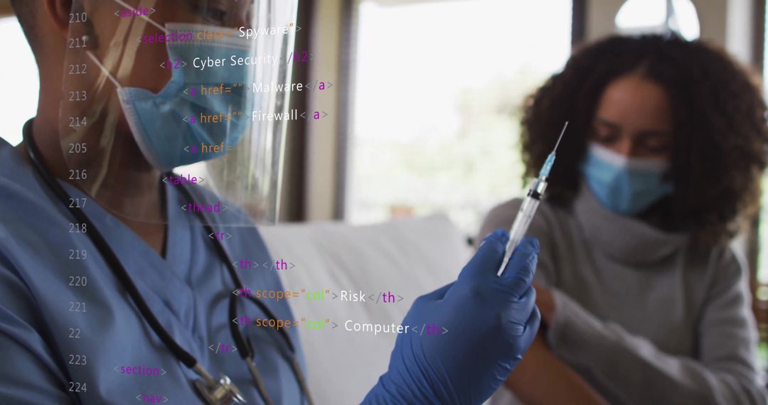 Doctor Administering Vaccine with Cybersecurity Elements Overlay