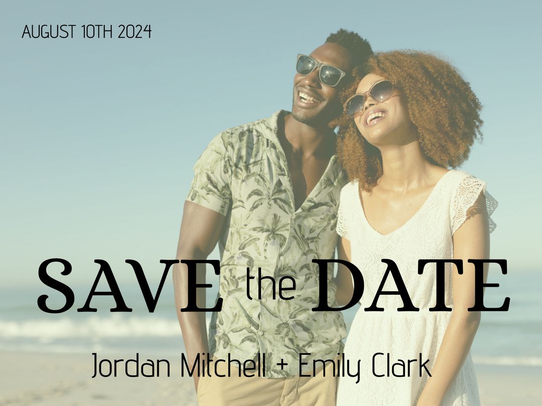 Sun-Kissed Couple on Beach for Wedding Save the Date Template - Download Free Stock Templates Pikwizard.com