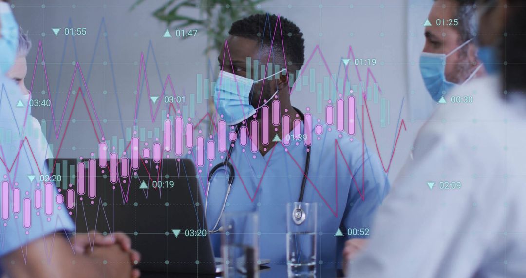 Medical Team Analyzing Data with Candlestick Chart Overlay in Hospital