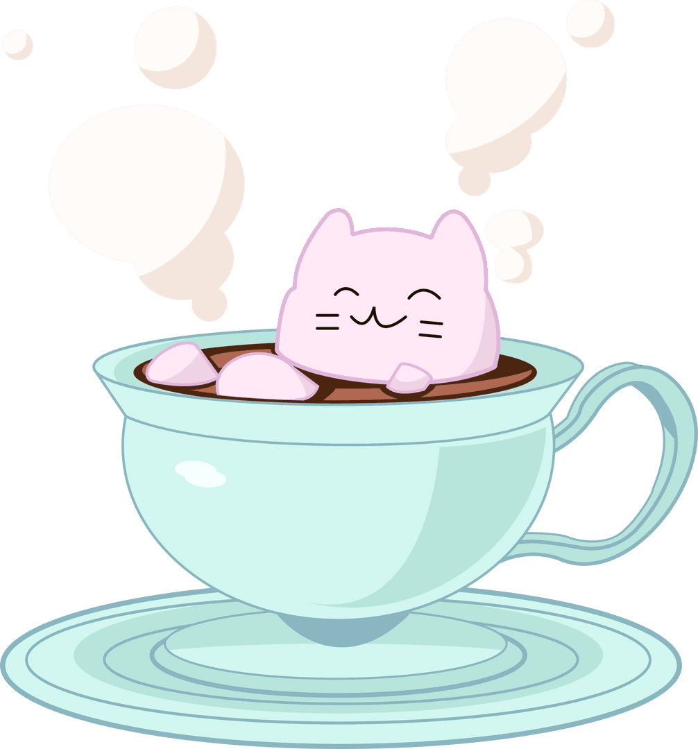 Whimsical Pink Cat Marshmallow Floating in Teacup on Transparent Background