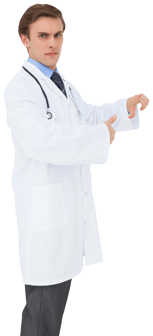 Caucasian Male Doctor Gesturing with Hands on Transparent Background