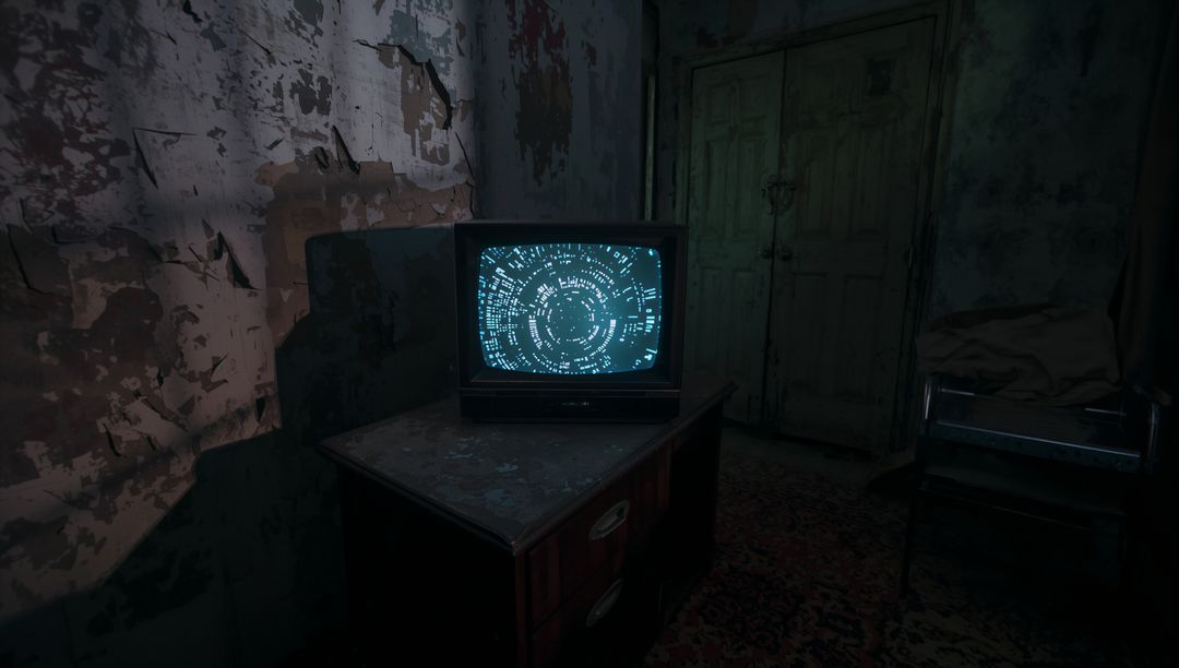 Abandoned Room with Vintage TV and Swirling Patterns on Screen