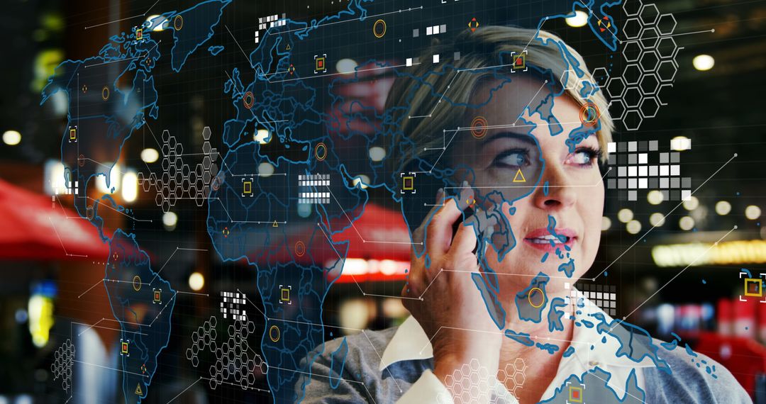 Woman Using Smartphone with Digital World Map Overlay at Night