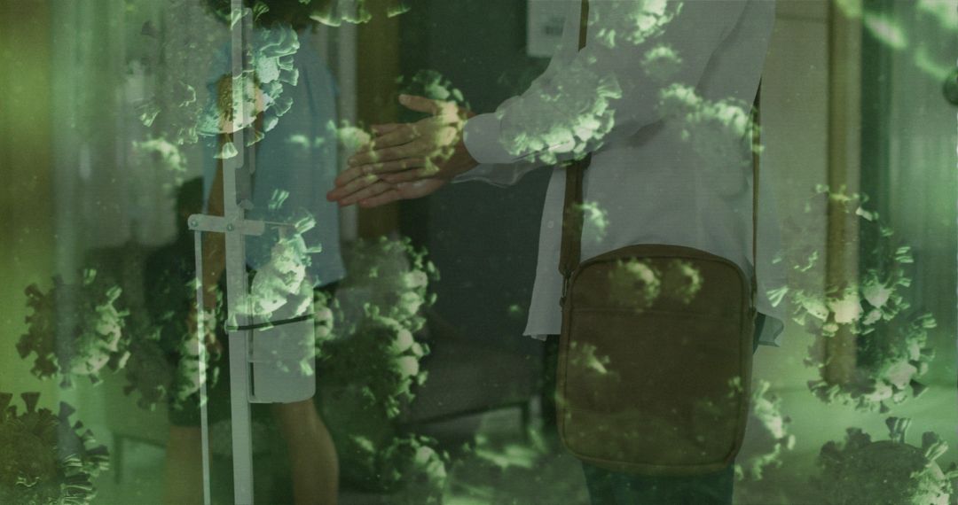 Doctor and Patient Shaking Hands Through Transparent Partition with Virus Overlay