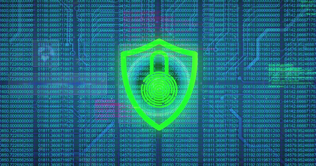 Cybersecurity Shield Icon Over Data Matrix and Digital Connections