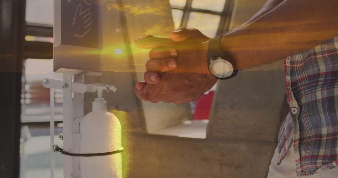 Double Exposure of Man Sanitizing Hands and Scenic Landscape