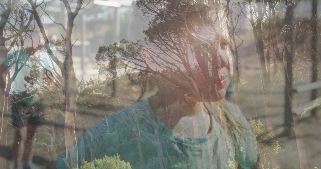 Double Exposure of Girl with Nature Reflection for Dreamy Serenity
