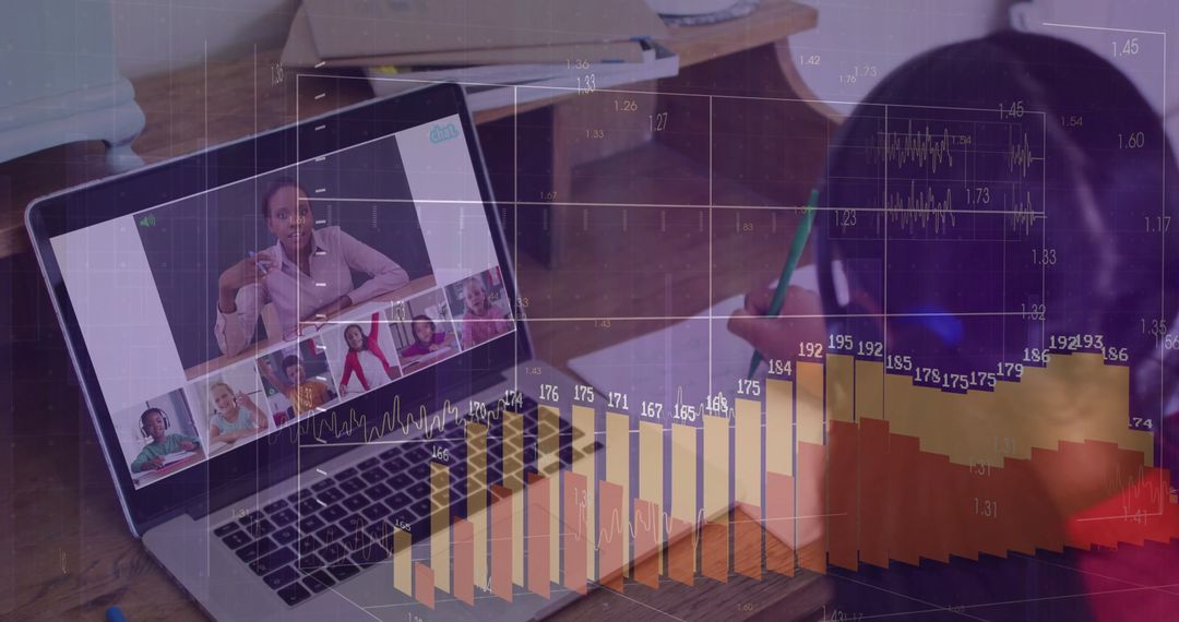 Girl Using Laptop for Remote Learning with Graph Overlay