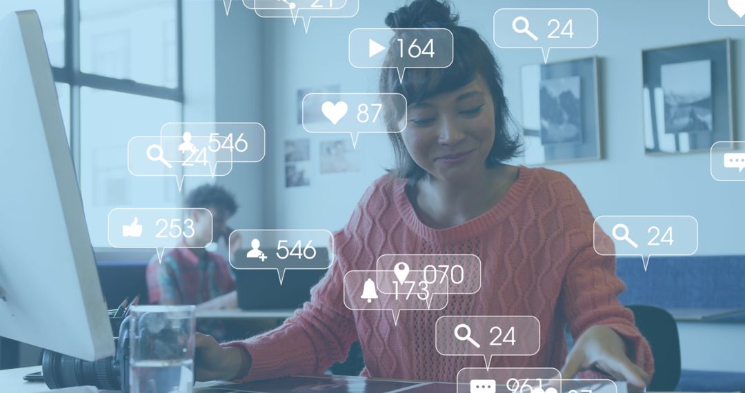 Woman Engaging with Digital Media in Modern Office Environment