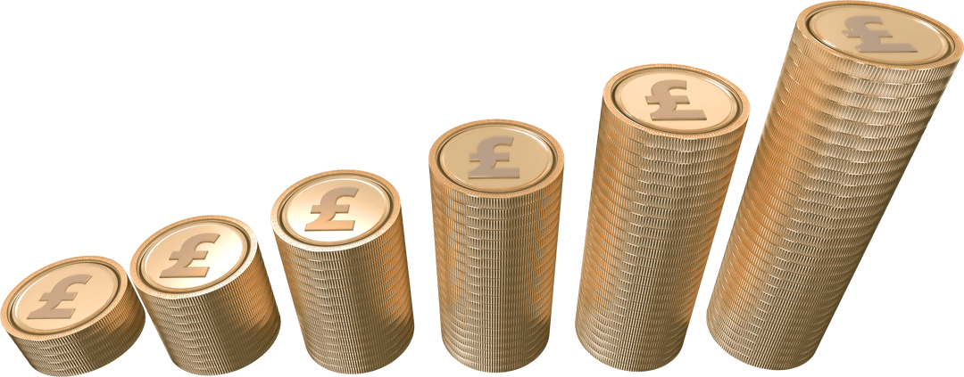 Digital coin stacks displaying pound symbol on transparent background
