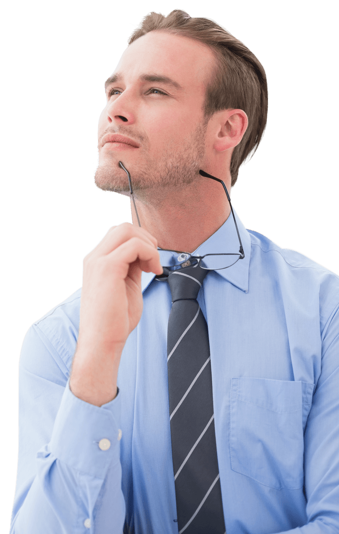 Transparent Businessman Pondering with Eyeglasses