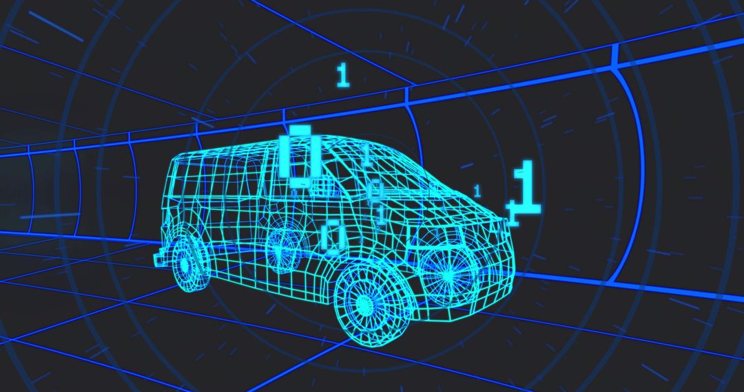 Futuristic Wireframe Van in Digital Cybergraphic Tunnel