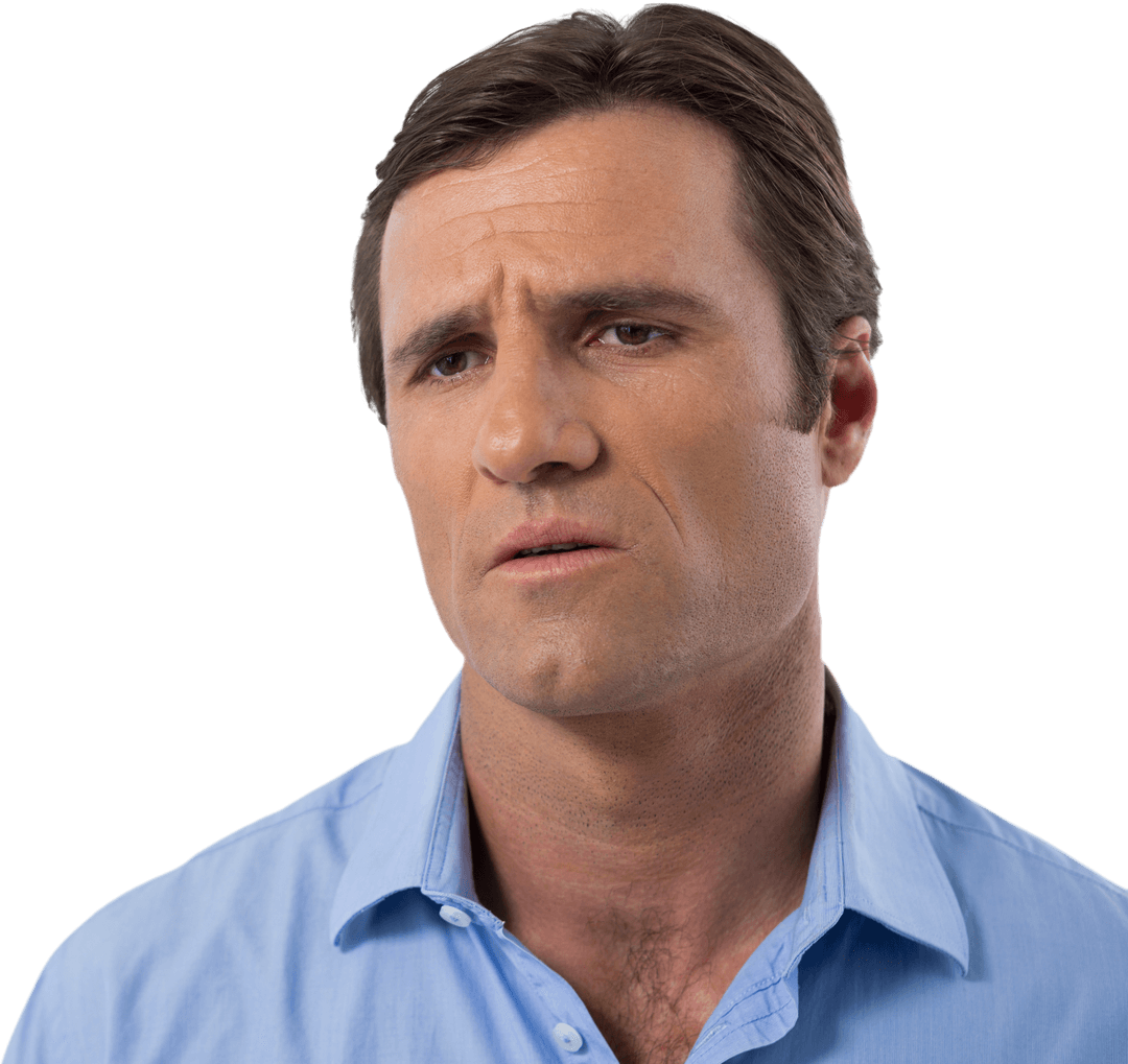 Transparent Image of Confused Man with Concerned Look in Blue Shirt
