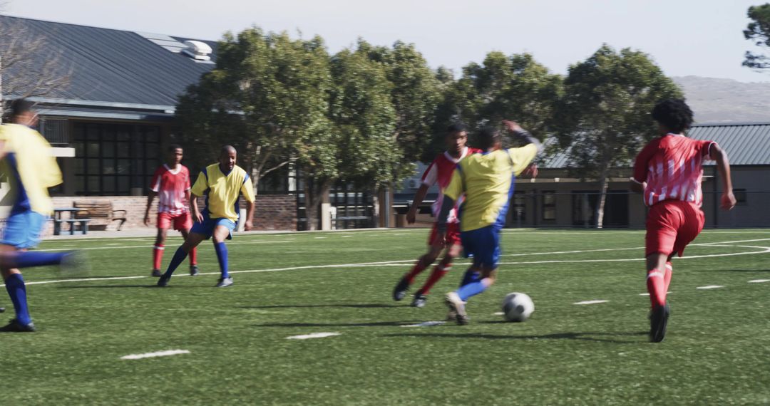 Energetic Soccer Match in Bright Sunlight