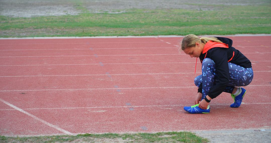 Female Athlete Tying Running Shoe on Outdoor Track - Free Images, Stock Photos and Pictures on Pikwizard.com