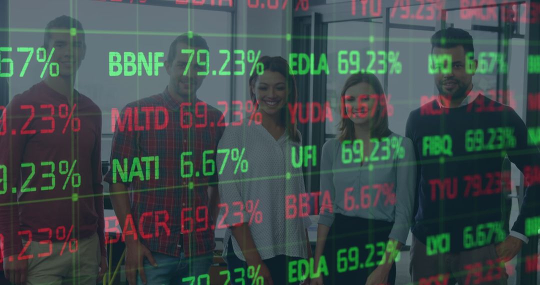 Financial Data Processing Overlay on Business Team in Modern Office