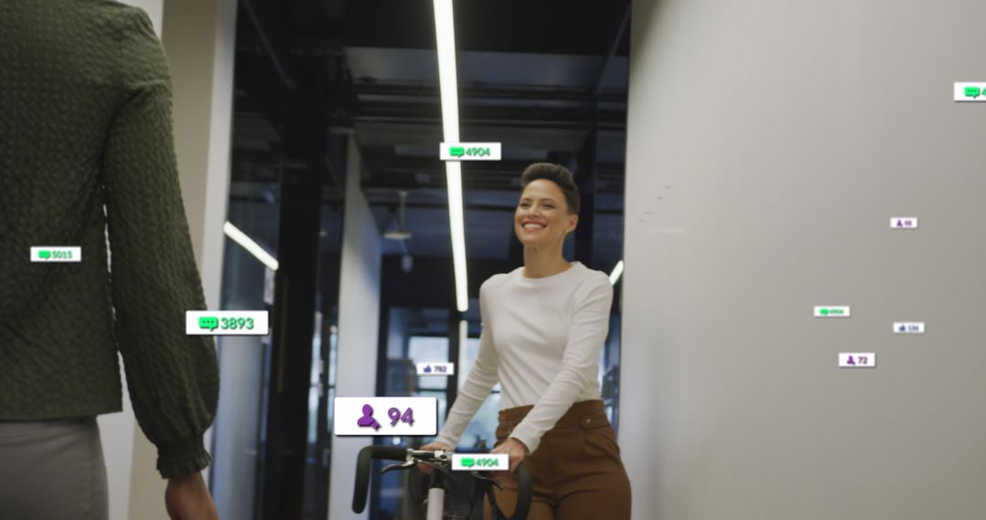 Diverse Professionals in Modern Office with Social Media Data Overlay