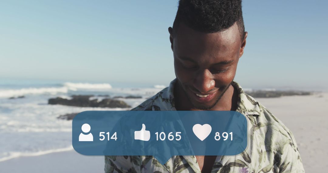 Man Engaging with Social Media on Beach with Icon Overlays