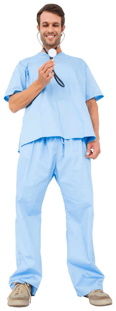 Smiling Surgeon Holding Stethoscope on Transparent Background