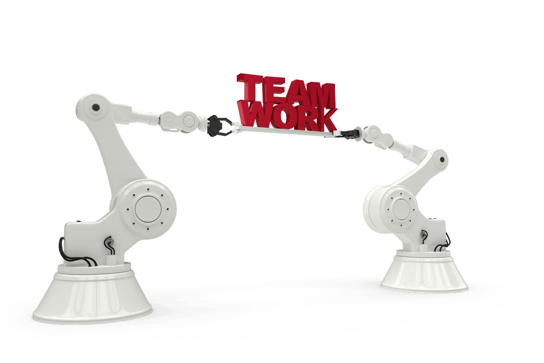 Transparent Robotic Arms Holding Teamwork Text in Red