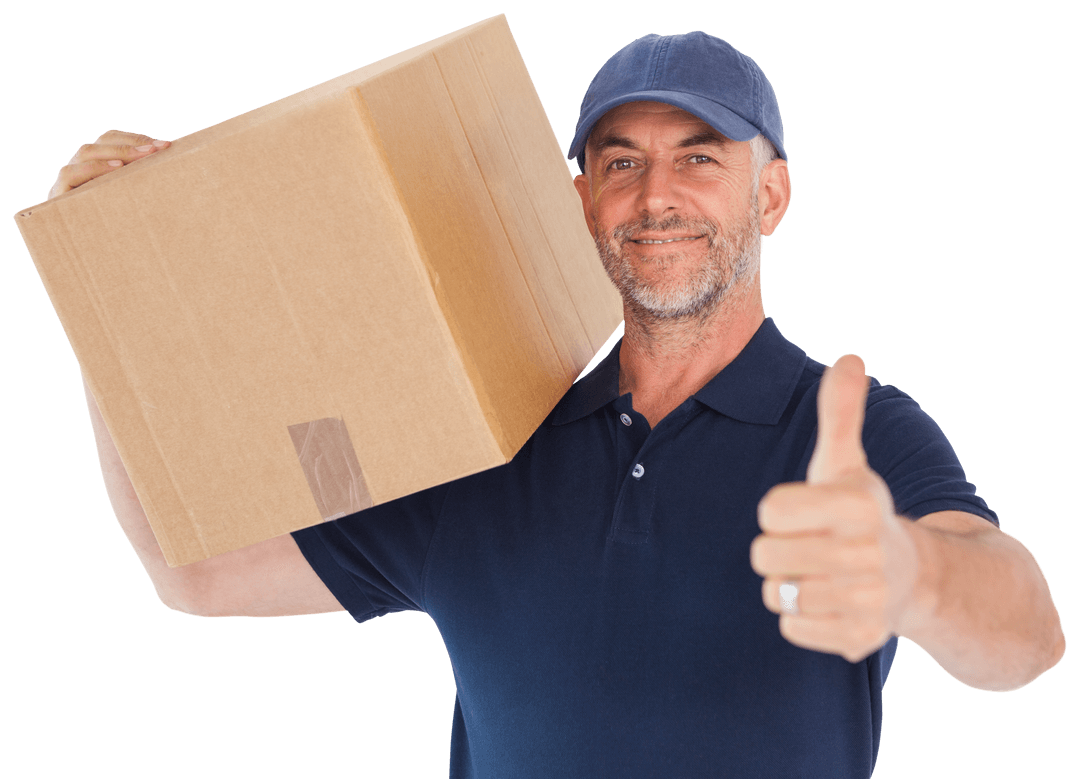 Transparent Cheerful Delivery Man Carrying Box Giving Thumbs Up