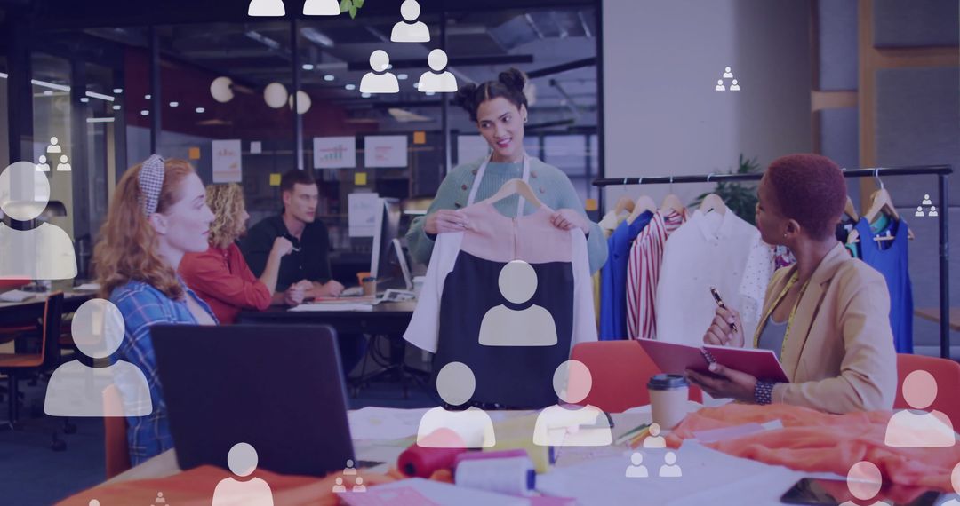 Diverse Team Collaborating with Digital Network Interface in Modern Office