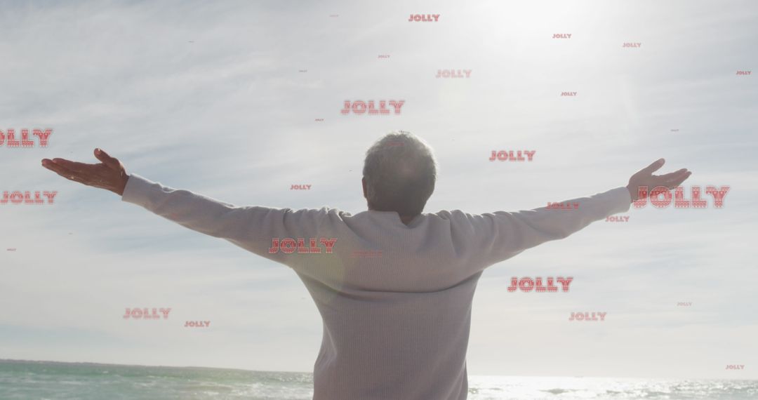 Senior Man Embracing Ocean Breeze on Beach, Feeling Joyful